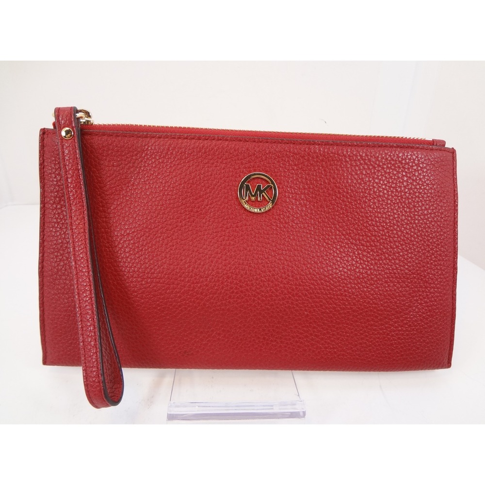 Michael Kors Jet Set Leather Zip Clutch Wristlet Medium Red Pebbled Leather Gold